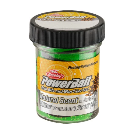 Berkley PowerBait® Natural Glitter Trout Bait 50g Anise Black Spring Green Twist 1 Berkley PowerBait® Natural Glitter Trout Bait 50g Anise Black Spring Green Twist